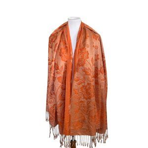 pashmina Orange Floral Jacquard Shawl Wrap with Fringe